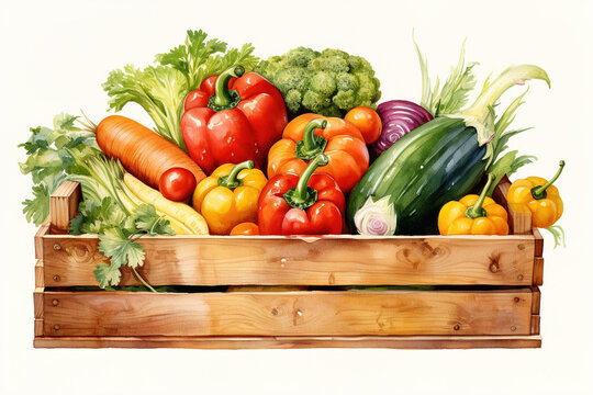 watercolor illustration of wooden box with different ripe raw vegetables isolated on a white background