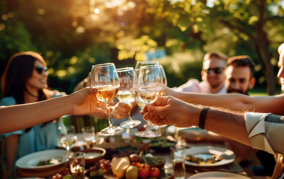 Happy friends having fun and enjoying an outdoor party. Young people raising wine glasses in the vineyard garden. Joyful gathering.