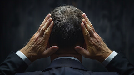 Businessman in distress with hands on head against a dark background, depicting stress or headache. - obrazy, fototapety, plakaty