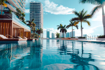 Miami swimming pool and city background - 767908823