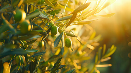 Green olives on a branch of an olive tree, with sunlight filtering through the leaves close up