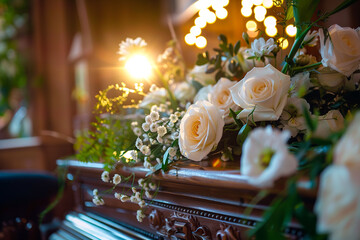 Dark Wood Coffin with a flower arrangement close up, funeral arrangement	
