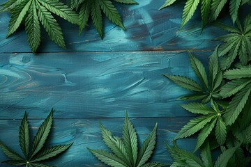 fresh green marijuana cannabis leaves frame on blue wooden background with copy space