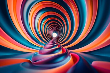 Mesmerizing Abstract Swirling Tunnel with Vibrant Colors and Light at the End Illusionary Artwork for Background or Conceptual Design - obrazy, fototapety, plakaty