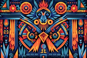 Vibrant Tribal Owl Illustration with Intricate Patterns and Colorful Geometric Background