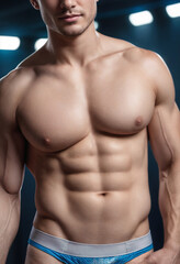 Fototapeta premium Sexy male muscular body with abs on the stomach in shorts. Generative AI