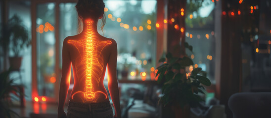 a woman suffering from back pain. Pain in the spine of a woman, a dedicated spine. Copying the space. - obrazy, fototapety, plakaty
