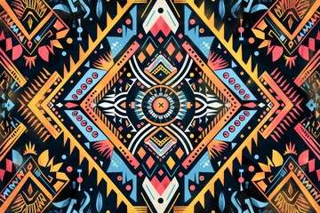 Vibrant Ethnic Tribal Pattern with Geometric Shapes and Cultural Symbols in Bold Colors