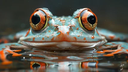 Deurstickers A cute frog swims in the water and looks at the camera © senadesign