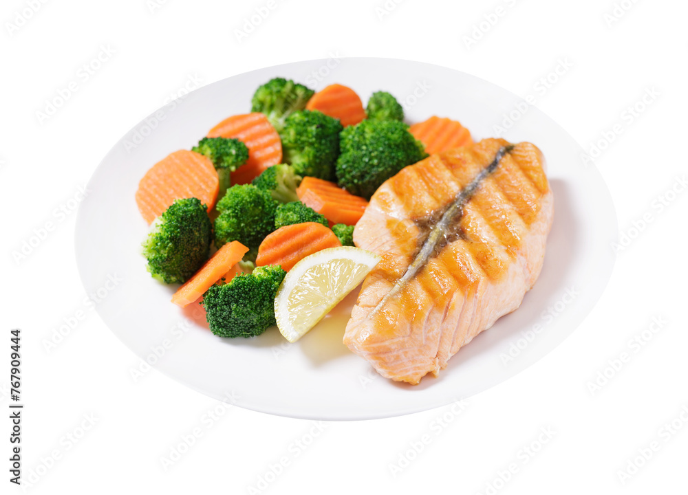 Poster plate of grilled salmon fillet and vegetables isolated on transparent background