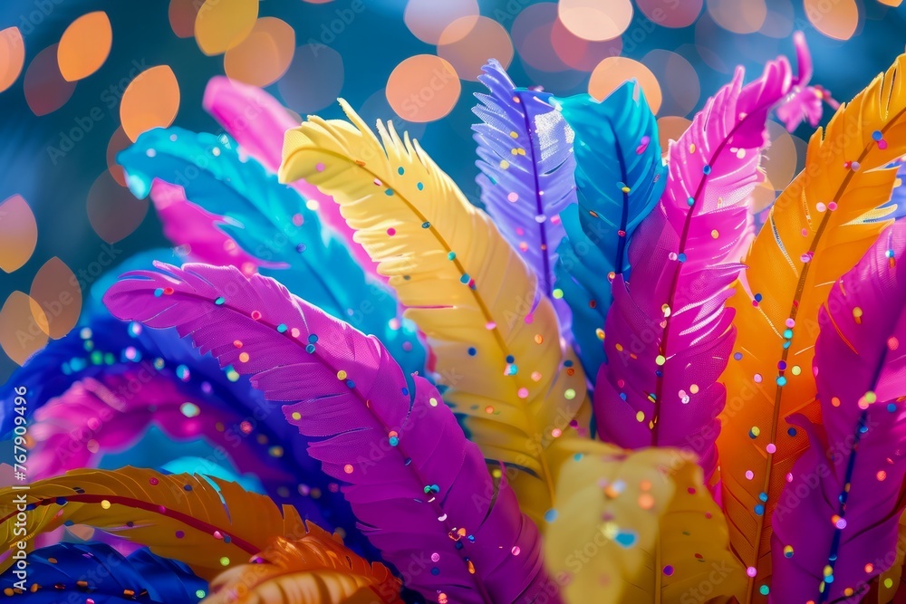 Aufkleber vivid multi colored feathers with festive sparkling bokeh background for creative designs