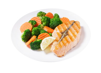 plate of grilled salmon fillet and vegetables isolated on transparent background - 767909444