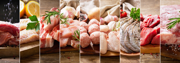 collage of assortment fresh meat, chicken and seafood - 767909629