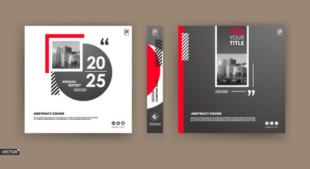 Abstract white black brochure cover design. Fancy info banner frame. Modern ad flyer text. Annual report binder. Title sheet model set. Fancy vector front page. City font blurb art. Red line figure