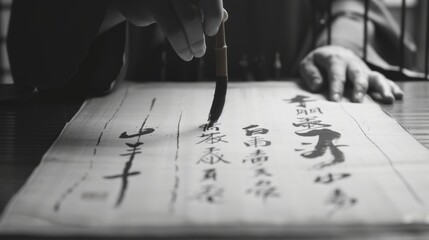 Close-up of a calligraphy artist's hand skillfully creating traditional Chinese characters with a brush on rice paper, demonstrating cultural artistry and precision.