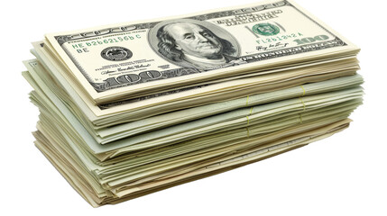 Money pile of packs of hundred dollar bills stacks isolated on transparent background.