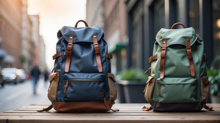 Chic Urban Backpacks in Teal and Olive - Perfect Blend of Style and Function for City Explorers - obrazy, fototapety, plakaty