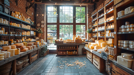 A cheese shop with many different types of cheese