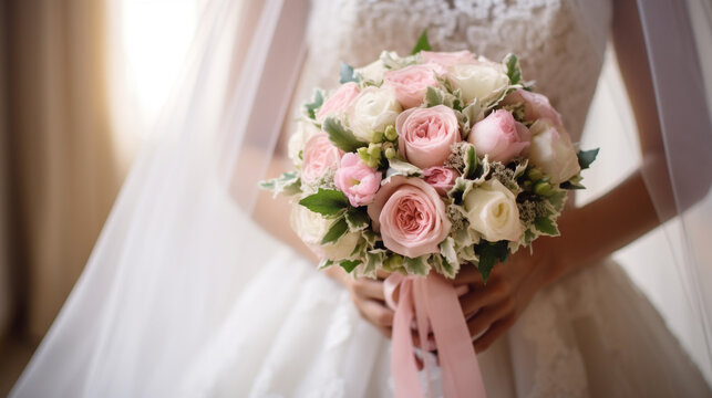 Bride holds a wedding bouquet wedding dress