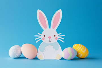 Obraz premium White cardboard bunny and Easter eggs on a blue background. Easter decoration