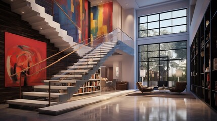 Art gallery-inspired home foyer with floating staircase and illuminated display walls