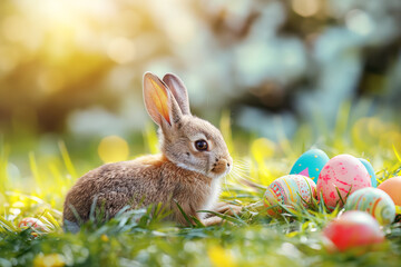 Little fluffy bunny and colorful Easter eggs on green grass in the garden