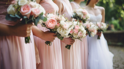 Bridesmaids in pink dresses and bride holding beauty