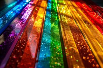 Vivid Rainbow Colored Light Reflections on Glass Surface with Water Drops Sparkling in Spectrum Hues - obrazy, fototapety, plakaty