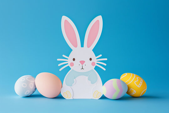 White cardboard bunny and Easter eggs on a blue background. Easter decoration