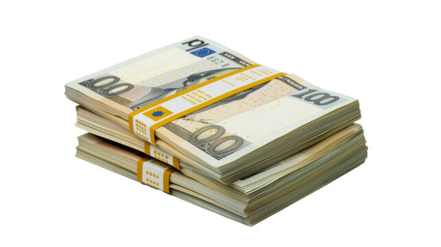 Packs of generic banknote stacks isolated on transparent background.