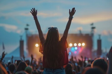woman silhouette hands up summer music fest