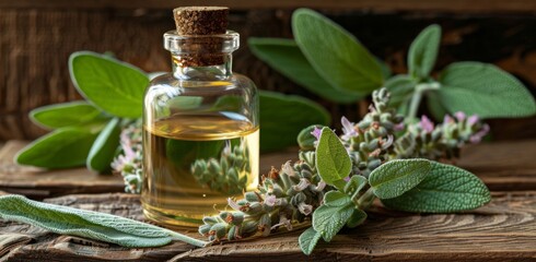 Three glass bottles of essential oil are placed on a wooden table with a flowerpot containing flowers. The scene depicts a mix of liquids, plants, and a touch of nature