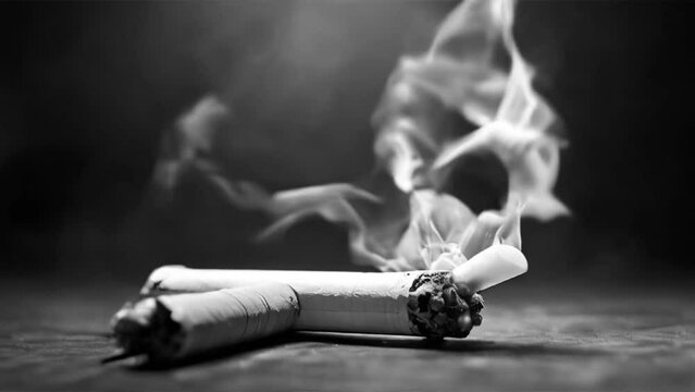 Dangers of smoking . Smoking kills. Cigarette emitting fog. Smoky cigarette. Black and white. 