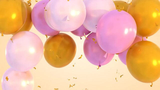 Happy birthday congratulation video, golden, white and pink balloons flying up, falling down confetti on warm color background. Anniversary celebration animation