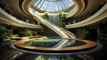 Awe-inspiring feat of home engineering with an indoor waterfall descending from a skylight oculus in a palatial atrium