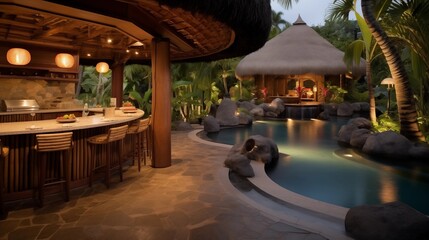 Backyard tropical oasis with open-air thatched roof pavilions, exotic gardens, lagoon pool, and outdoor kitchen - obrazy, fototapety, plakaty