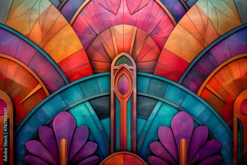 Poster vibrant multicolored abstract geometric stained glass design with artistic patterns suitable for bac