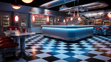 Blast to the Past retro 1950s malt shop and diner with black and white checkerboard tiles and neon signs galore