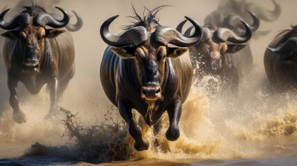 A herd of wildebeest are running through a muddy river - obrazy, fototapety, plakaty