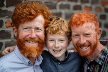 Portrait of a redhead gay couple smiling with their son