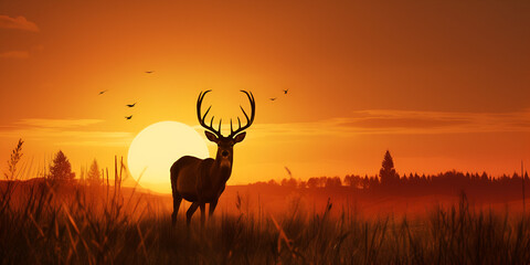 A deer in a sunset with the sun behind, A deer stands in front of a sunset with the sun setting behind it Generative ai