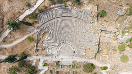 Delphi, Greece. Ruins of the ancient city of Delphi. Sunny weather, Summer, Aerial View