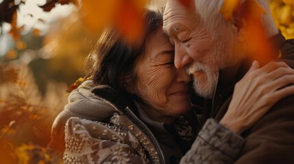A tender moment between a loving elderly couple, enjoying a warm embrace surrounded by beautiful fall foliage.