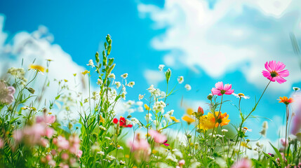 Bunte Blumen auf einer Sommerwiese. Sommerzeit in voller Pracht. Natur erwacht
