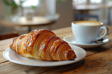 A buttery croissant rests beside a steaming cup of coffee on a plate