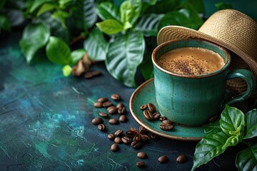 Coffee in green mug on black background with green background and mockup of green coffee packaging