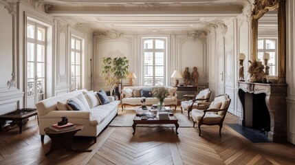 Charming vintage Parisian apartment with Versailles patterned oak floors, raw carved ceiling beams, and fireplaces