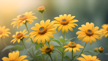 Yellow flowers with the option of tinting. Flower panorama for spring and summer. Heliopsis flowers in soft light on a blurred background for design and decoration