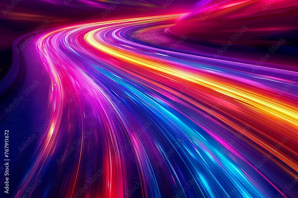 Poster vibrant abstract neon light trails streaming across a dark background in smooth curves and swirls