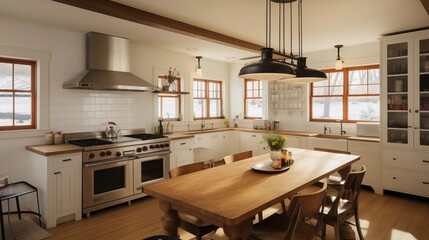 Chef's kitchen with butcher block island, pro appliances, and cozy fireside dining nook